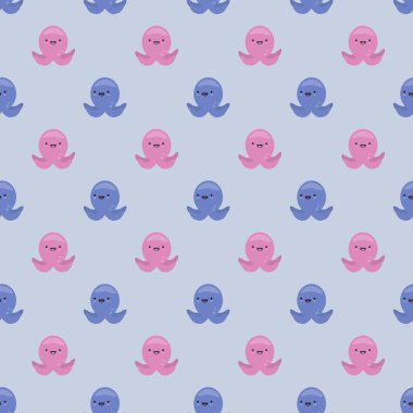 Vektörsüz ahtapot deseni. Mavi arka planda şirin küçük pembe ve mavi ahtapot çizgi filmi. Kağıt ya da tekstil için mükemmel.