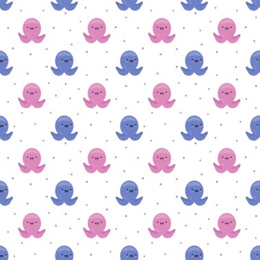 Vektörsüz ahtapot deseni. Şirin çizgi film küçük pembe ve mavi ahtapot. Beyazda izole edilmiş. Kağıt ya da tekstil için mükemmel.