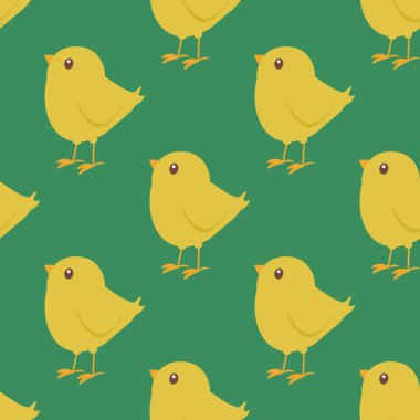 Yeşil arka planda çizgi film sarı hatunları olan kusursuz bir model. Paskalya tebrik kartları, ambalaj kağıdı veya tekstil için mükemmel.