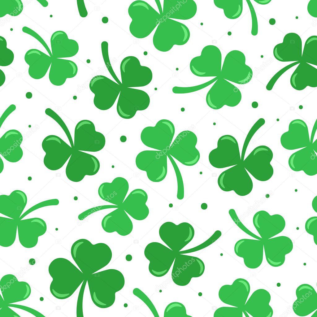 Happy St. Patrick`s day vector seamless pattern. Green clover with dots on white background. Perfect for wrapping paper or textile.