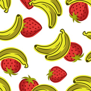Beyaz arka planda muz ve çilek desenleri var. Renkli yaz tasarımı. Paket kağıdı, masa örtüsü ya da tekstil için mükemmel..