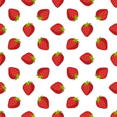 Beyaz arka planda el çizimi çilekli, pürüzsüz bir desen. Basit bir çilek izi. Kağıt ya da tekstil için mükemmel.