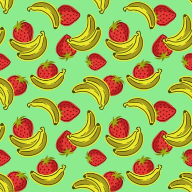 Yeşil arka planda muzlu ve çilekli vektörsüz desen. Renkli yaz tasarımı. Paket kağıdı, masa örtüsü ya da tekstil için mükemmel..
