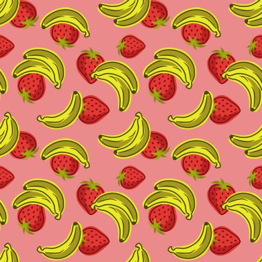 Pembe arka planda muz ve çilek desenleri var. Renkli yaz tasarımı. Paket kağıdı, masa örtüsü ya da tekstil için mükemmel..