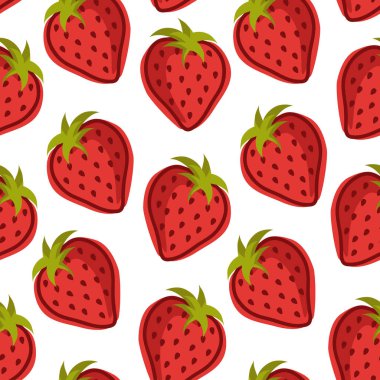 Beyaz arka planda el çizimi çilekli, pürüzsüz bir desen. Renkli yaz tasarımı. Kağıt ya da tekstil için mükemmel.