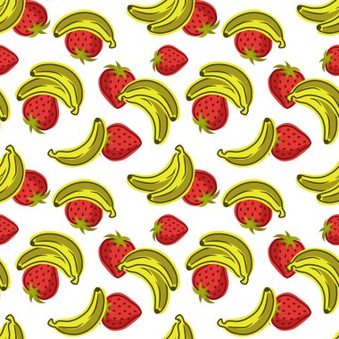 Beyaz arka planda muz ve çilek desenleri var. Renkli yaz tasarımı. Paket kağıdı, masa örtüsü ya da tekstil için mükemmel..