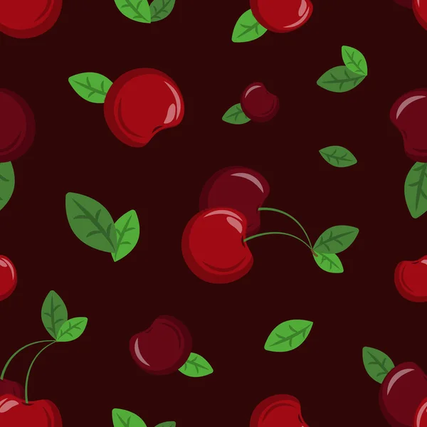 Vector Seamless Cherry Pattern Juicy Cherries Green Leaves Dark Red — Stock Vector