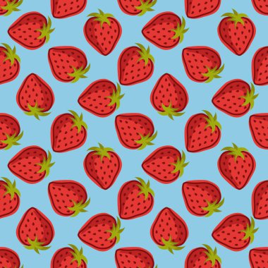 Mavi arka planda el çizimi çilekli, pürüzsüz bir desen. Kağıt ya da tekstil için mükemmel.