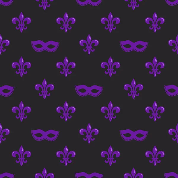 Mardi Gras Vector Seamless Pattern Purple Fleur Lis Mask 인사말 — 스톡 벡터