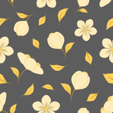 Gri arkaplanda çiçek deseni var. Açık sarı çiçekler. Moda baskıları için zarif bir şablon. Kağıt ya da kumaş sarmak için mükemmel.