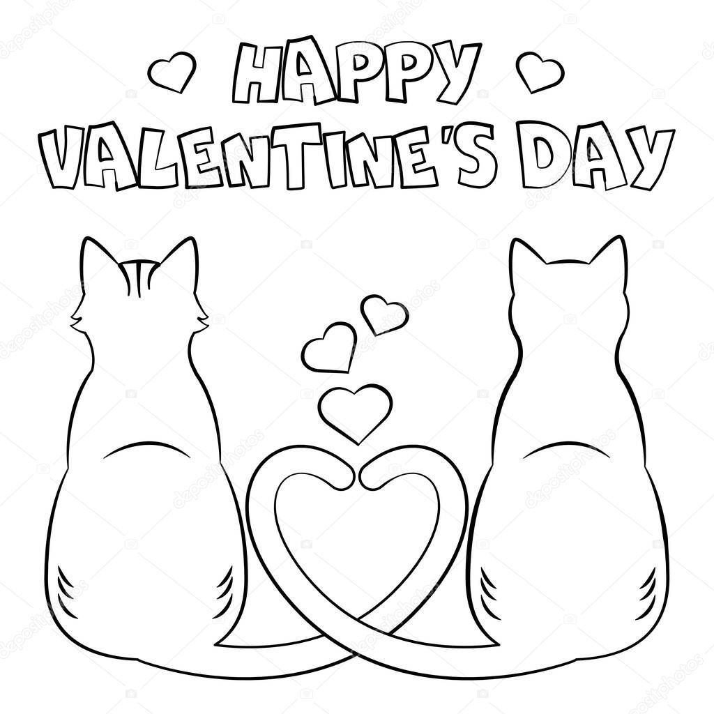 ✓ Coloring page. Happy Valentine`s Day. Two cats with heart tail ...