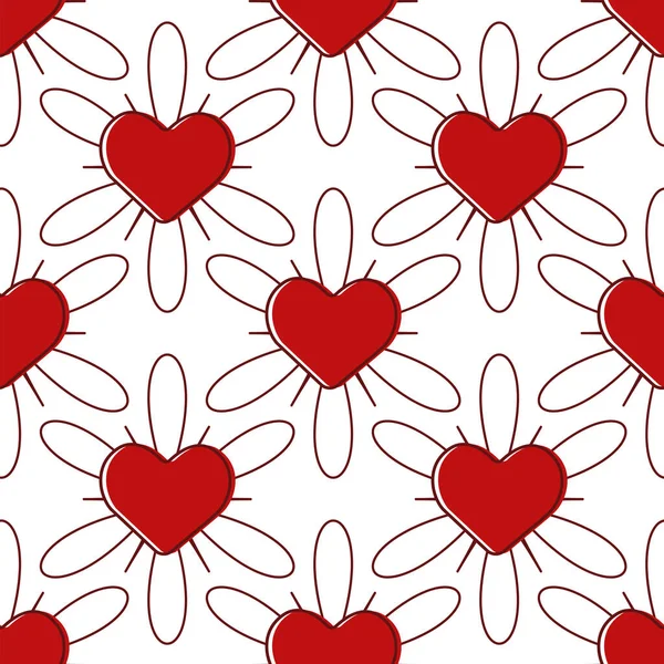 白色背景上有红心的矢量无缝图案 情人节的设计 包装纸或织物的完美包装 — 图库矢量图片
