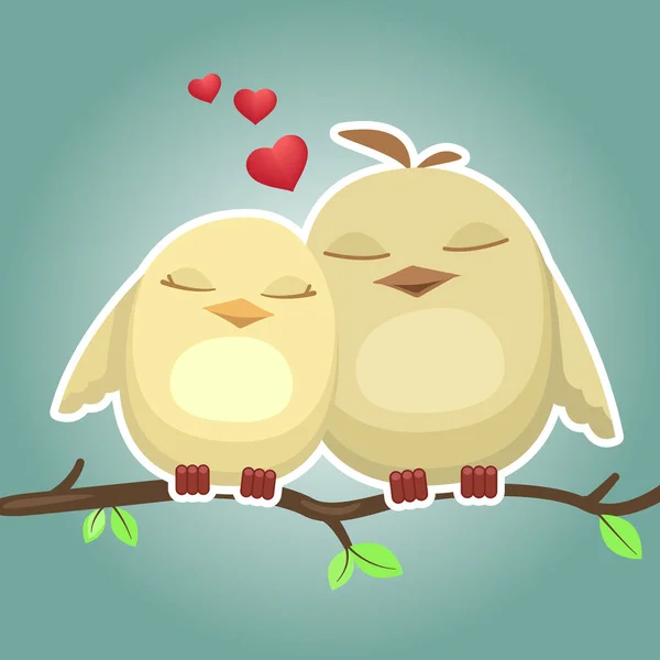 Two cute cartoon birds on branch. Vector illustration for Valentine`s Day.  - Stock Image - Everypixel