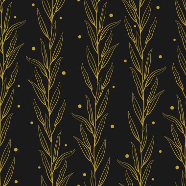 Altın dikey dalları ve siyah arkaplanda yaprakları olan vektörsüz desen; kumaş, duvar kağıdı, tekstil, paket, web tasarımı için doğal tasarım.