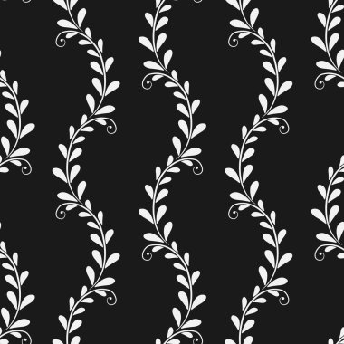Beyaz soyut dalları ve siyah arkaplanda yaprakları olan vektörsüz desen; kumaş, duvar kağıdı, tekstil, ambalaj kağıdı, web tasarımı için soyut çiçek tasarımı.