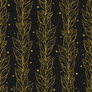 Dikey altın frenleri ve siyah arkaplanda yaprakları olan vektörsüz desen; kumaş, duvar kağıdı, tekstil, ambalaj kağıdı, paket, web tasarımı için soyut çiçek tasarımı.