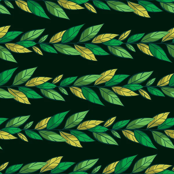 Vector Seamless Pattern Horizontal Branches Green Leaves Dark Green Background — Stock Vector