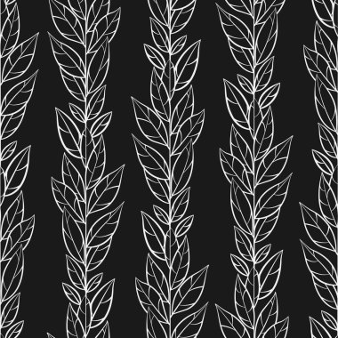 Beyaz dikey dalları ve siyah arkaplanda yaprakları olan vektörsüz desen; kumaş, duvar kağıdı, tekstil, ambalaj kağıdı, web tasarımı için soyut doğal tasarım.