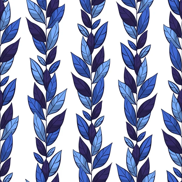 Dikey Mavi Dalları Yaprakları Olan Vektörsüz Desen Kumaş Duvar Kağıdı — Stok Vektör