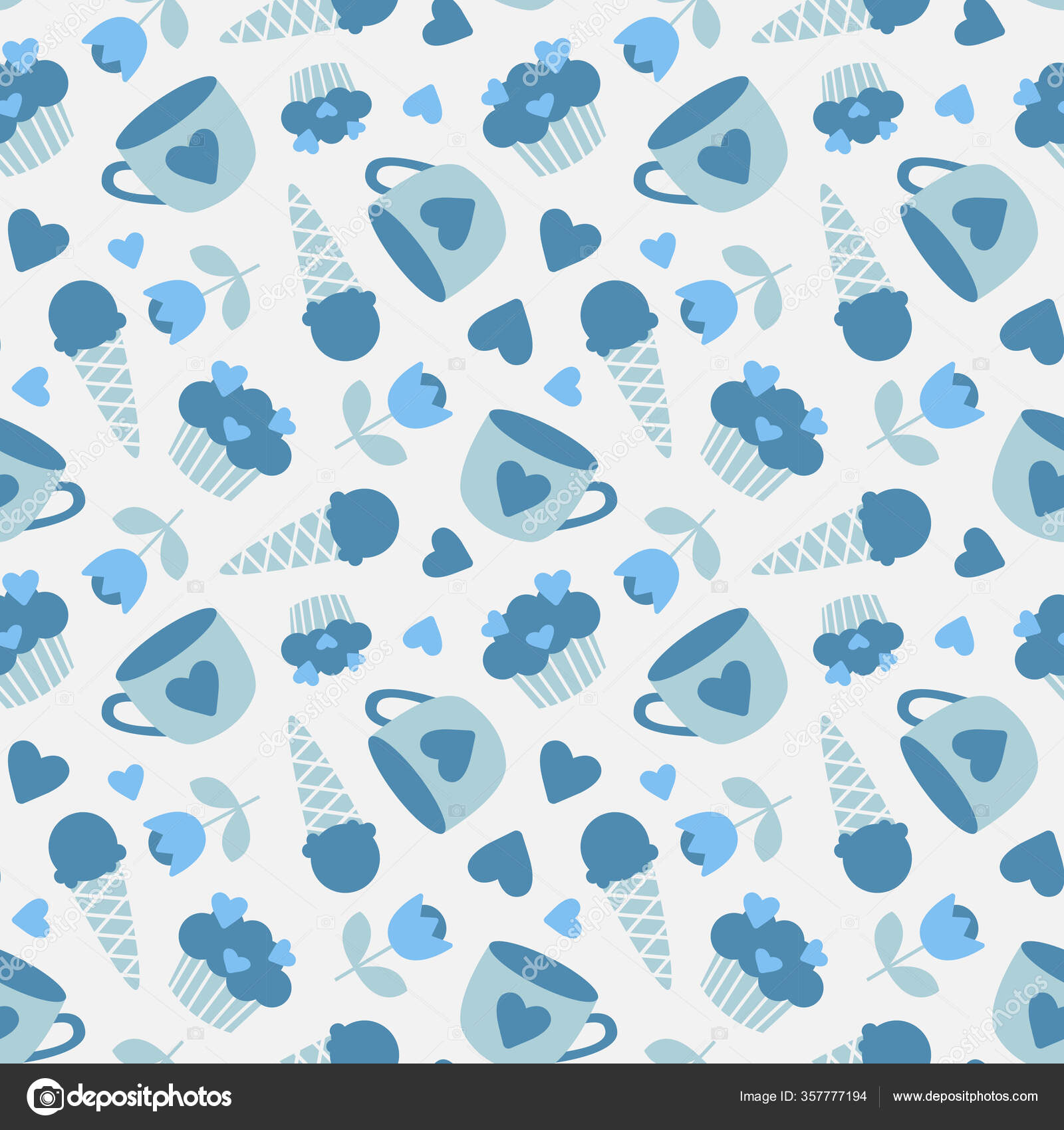 Vector Seamless Pattern Blue Ice Cream Cones Cupcakes Cups Flowers Vector Image By C Xaphana Vector Stock 357777194