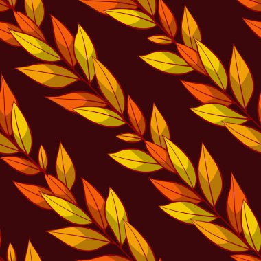 Koyu kahverengi zemin üzerinde köşegen sonbahar yaprakları olan vektörsüz desen; kumaş, duvar kağıdı, tekstil, ambalaj kağıdı, paket, web tasarımı için yaprak tasarımı.