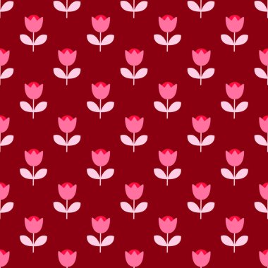 Koyu kırmızı zemin üzerinde pembe çiçekler olan vektör pürüzsüz desen; kumaş, duvar kağıdı, ambalaj kağıdı, tekstil, paket, web tasarımı için basit çiçek tasarımı.
