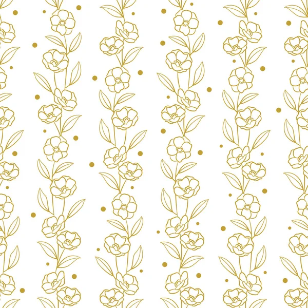 Векторный Бесшовный Узор Золотыми Вертикальными Ветвями Цветами Белом Фоне Абстрактный — стоковый вектор