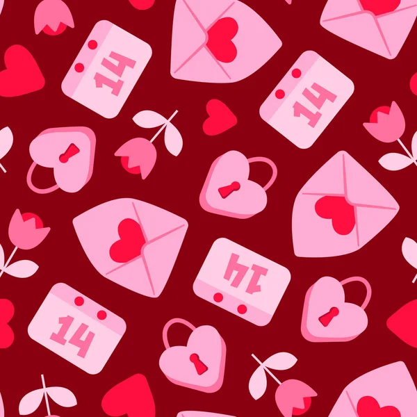 深红色背景的情人节矢量无缝图案 包装纸 纺织品 网页设计的可爱假日图案 — 图库矢量图片