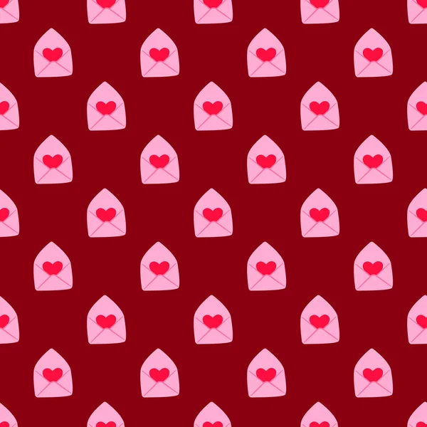 バレンタインデーベクトルシームレスパターン グリーティングカード ファブリック 包装紙 パッケージ ウェブデザインのための濃い赤の背景に封筒とかわいい休日のデザイン — ストックベクタ