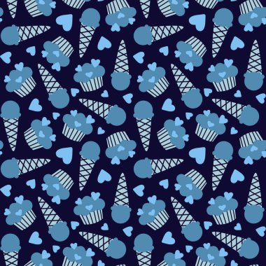 Tatlılar için vektörsüz desen; kumaş, paket, duvar kağıdı, ambalaj kağıdı, tekstil, web tasarımı için koyu mavi zemin üzerinde dondurma külahları ve kekler.