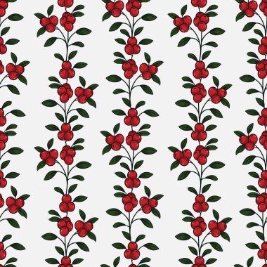 Beyaz zemin üzerinde dikey yaban mersini dalları olan vektörsüz desen; kumaş, duvar kağıdı, paketler, ambalaj kağıdı, tekstil, web tasarımı için doğal tasarım.