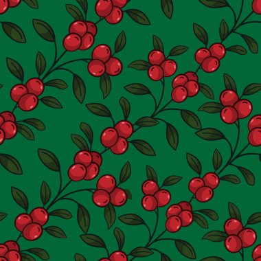 Yeşil zemin üzerinde köşegen yaban mersini dalları olan vektörsüz desen; kumaş, duvar kağıdı, paketler, ambalaj kağıdı, tekstil, web tasarımı için doğal tasarım.