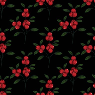Lingonberry dalları pürüzsüz desen; siyah arkaplanda orman meyveleri; kumaş, duvar kağıdı, tekstil, ambalaj kağıdı, web tasarımı için doğal tasarım.