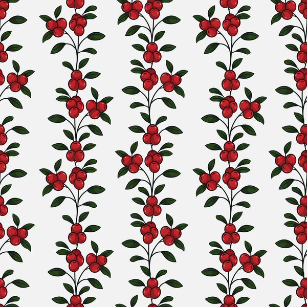 Vector seamless pattern with vertical lingonberry twigs on white background; natural design for fabric, wallpaper, packages, wrapping paper, textile, web design.