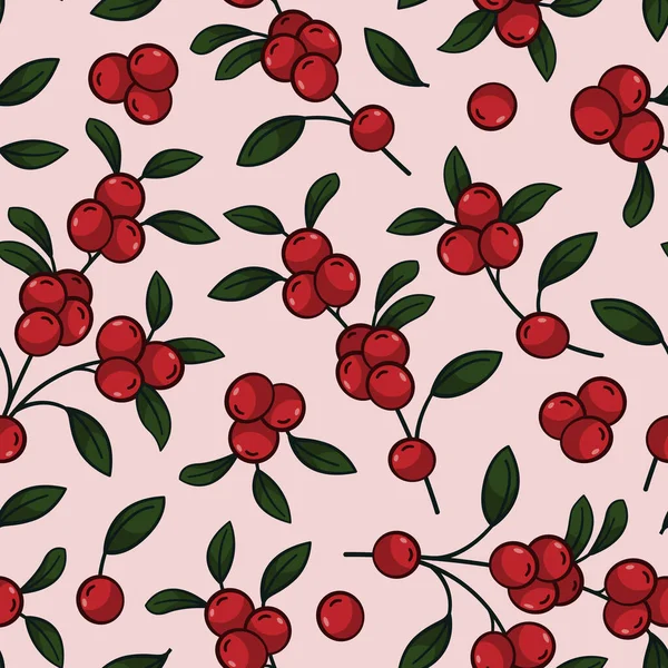 Lingonberry Gallyak Zökkenőmentes Minta Erdei Bogyók Rózsaszín Háttér Természetes Design — Stock Vector