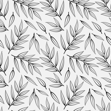 Beyaz arkaplandaki dalların üzerinde siyah yapraklar olan vektörsüz desen; kumaş, duvar kağıdı, tekstil, paketler, ambalaj kağıdı, web tasarımı için soyut doğal tasarım.