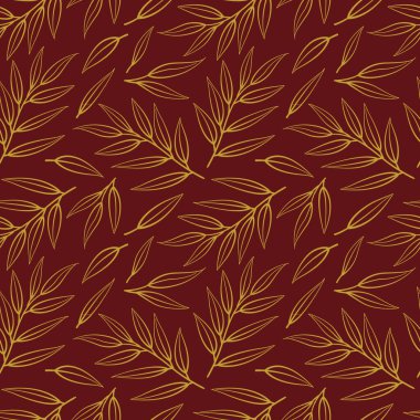 Koyu kırmızı arkaplandaki dallarda altın yapraklı vektörsüz desen; kumaş, duvar kağıdı, tekstil, paketler, ambalaj kağıdı, web tasarımı için soyut doğal tasarım.