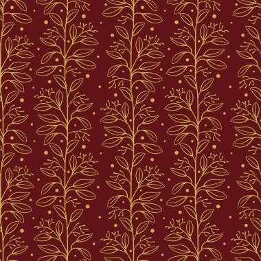 Altın dikey dalları ve koyu kırmızı arka planda yaprakları olan vektörsüz desen; kumaş, duvar kağıdı, tekstil, web tasarımı için soyut doğal tasarım.