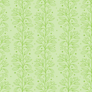 Yapraklı yeşil dikey dallara sahip vektörsüz desen; kumaş, duvar kağıdı, tekstil, web tasarımı için soyut doğal tasarım.