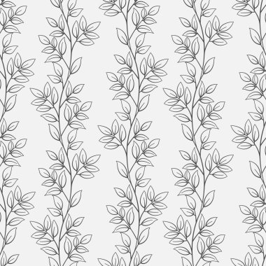 Yapraksız desen; gri arkaplanda siyah dikey yaprak dalları; kumaş, duvar kağıdı, tekstil, ambalaj kağıdı, web tasarımı için soyut çiçek tasarımı.
