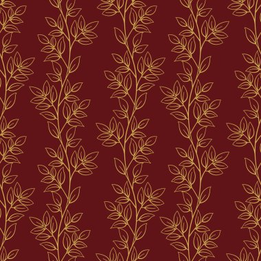 Yapraksız desen; koyu kırmızı arkaplanda altın dikey dallar; kumaş, duvar kağıdı, tekstil, ambalaj kağıdı, web tasarımı için soyut çiçek tasarımı.