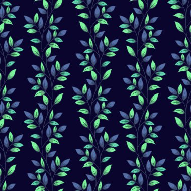 Yapraksız desen; koyu mavi arkaplanda yaprakları olan dikey dallar; kumaş, duvar kağıdı, tekstil, ambalaj kağıdı, web tasarımı için renkli çiçek tasarımı.