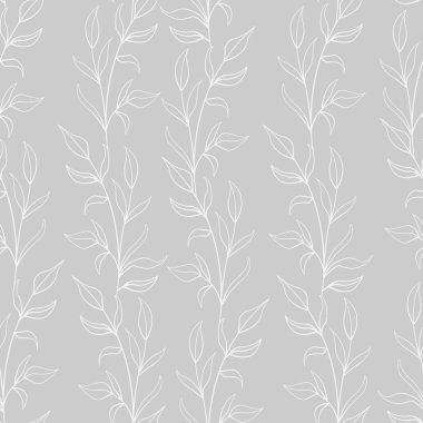 Yapraksız desen; gri arkaplanda beyaz dikey yaprak dalları; kumaş, duvar kağıdı, tekstil, ambalaj kağıdı, web tasarımı için soyut çiçek tasarımı.