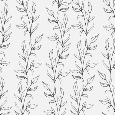 Yapraksız desen; beyaz arkaplanda siyah dikey yaprak dalları; kumaş, duvar kağıdı, tekstil, ambalaj kağıdı, web tasarımı için soyut çiçek tasarımı.