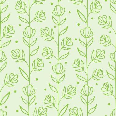 Yeşil dikey çiçek dalları ile vektörsüz desen; kumaş, duvar kağıdı, tekstil, web tasarımı için soyut çiçek tasarımı.