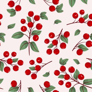 Vector seamless pattern with lingonberry; lingonberry twigs for fabric, wallpaper, wrapping paper, textile, packaging, web design.