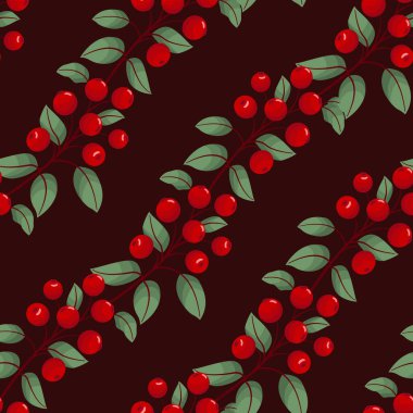 Koyu kırmızı zemin üzerinde yaban mersini dalları olan vektör dikişsiz desen; kumaş, duvar kağıdı, ambalaj kağıdı, tekstil, web tasarımı için doğal dut tasarımı.