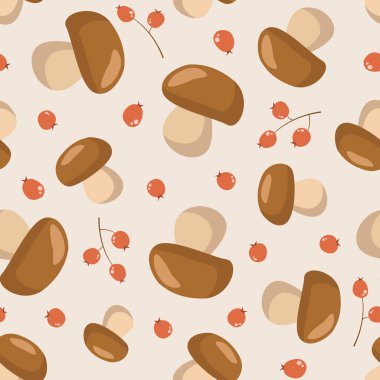  Mantar ve kırmızı böğürtlenli vektörsüz desen; kumaş, duvar kağıdı, paket, ambalaj kağıdı, tekstil, web tasarımı için basit mevsimsel desen.