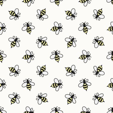 Arılarla vektörsüz desen; kumaş, duvar kağıdı, paketler, ambalaj kağıdı, tekstil, web tasarımı için basit arılar simgeleri.