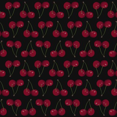  Kirazsız desen; kumaş, duvar kağıdı, ambalaj, tekstil, web tasarımı için siyah zemin üzerinde sulu kiraz.